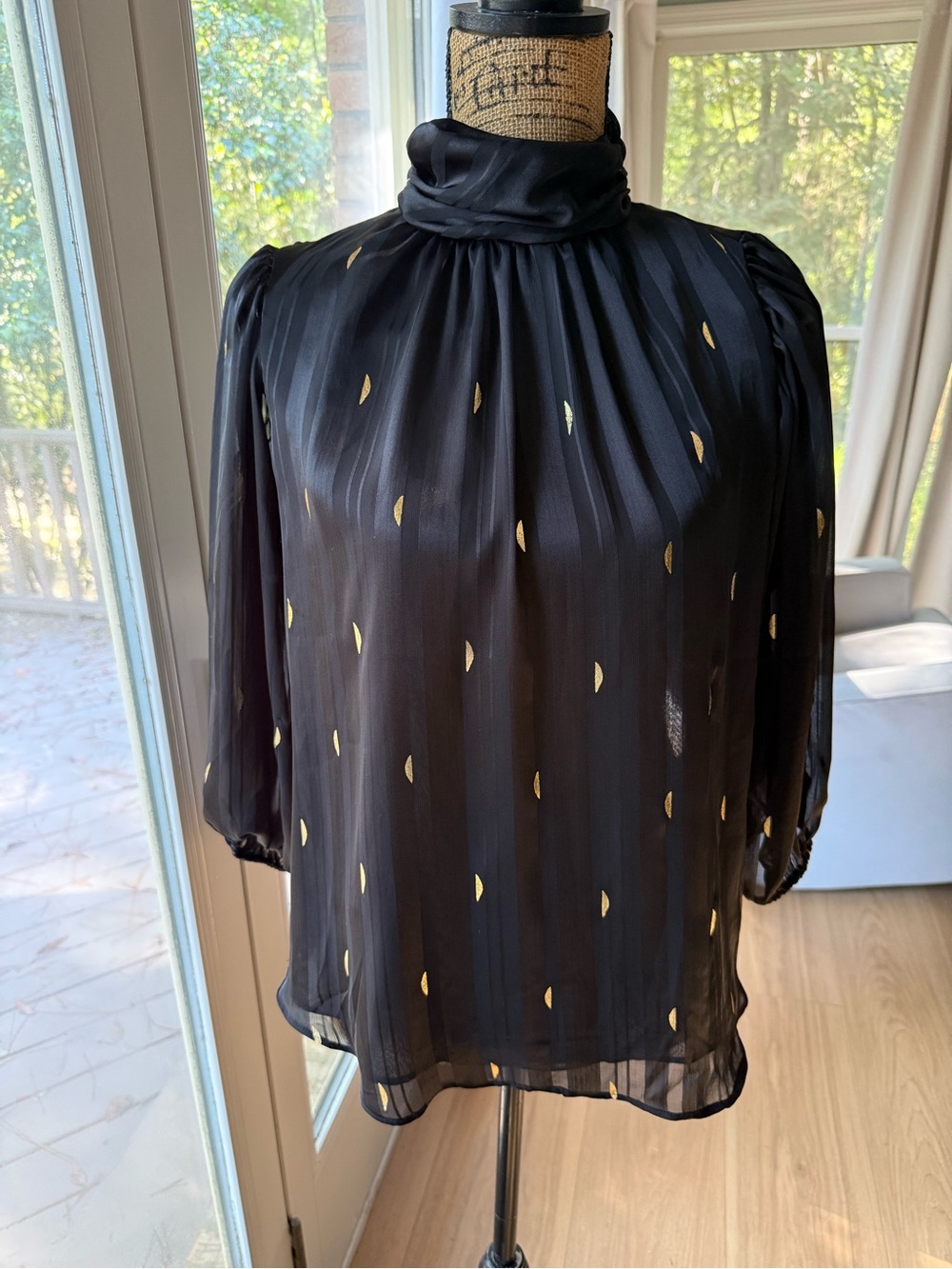 Zac & Rachel Black Sheer High-Neck Blouse with Gold Dot Detail
